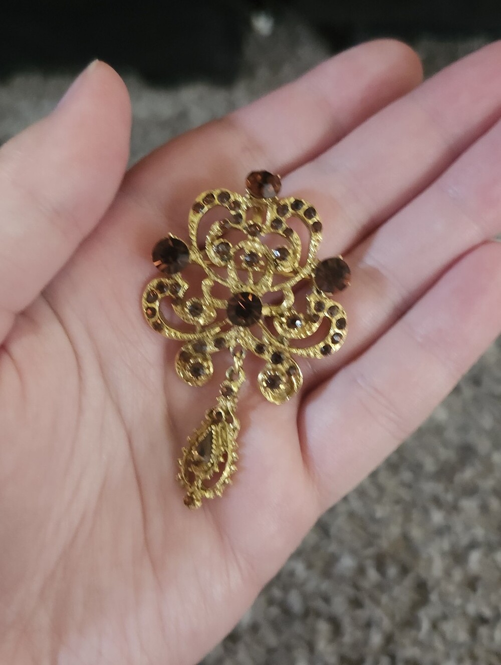 Gold Filigree Drop Pendant Brooch with Brown Stones
